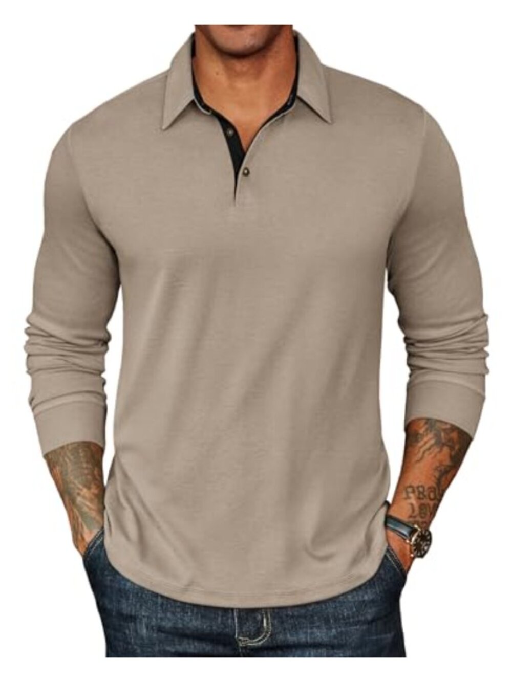 Mens Long Sleeve Polo Shirt Classic Casual Button Golf Shirt